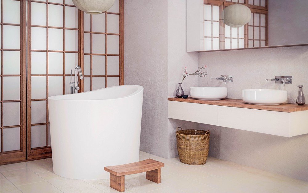 Бежевая ванная комната дизайн фото True-Ofuro-Mini