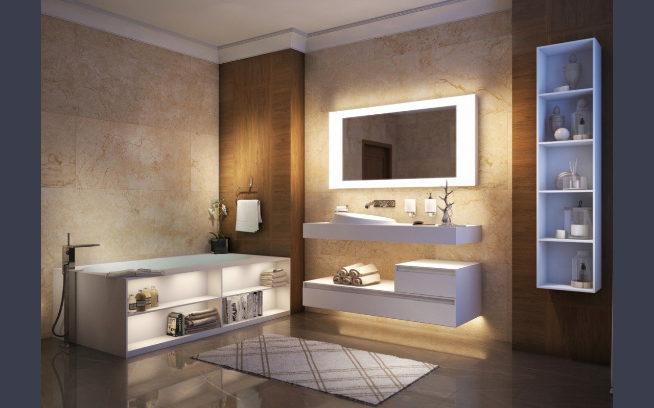 Внутренняя отделка интерьера ванной комнаты в бежево-коричневых тонах и овальная ванна