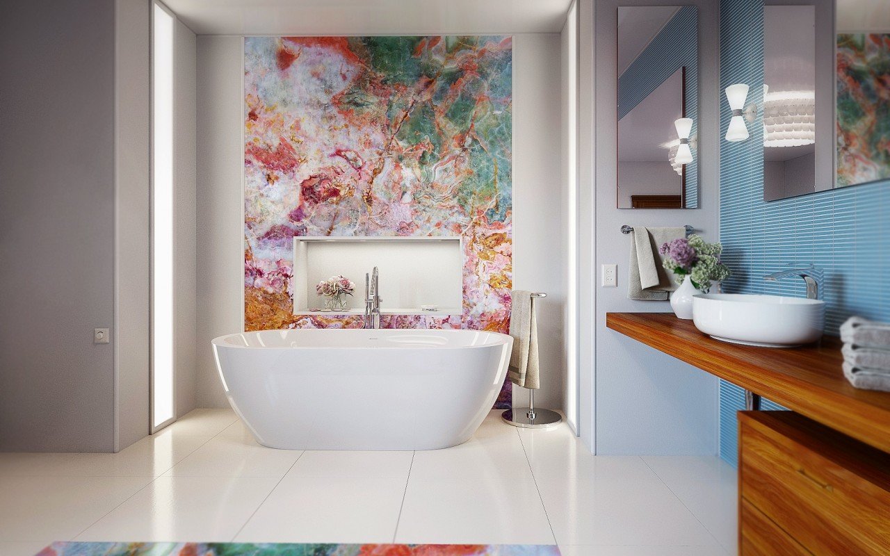 Яркая ванная комната с отдельностоящей ванной фото Gloria