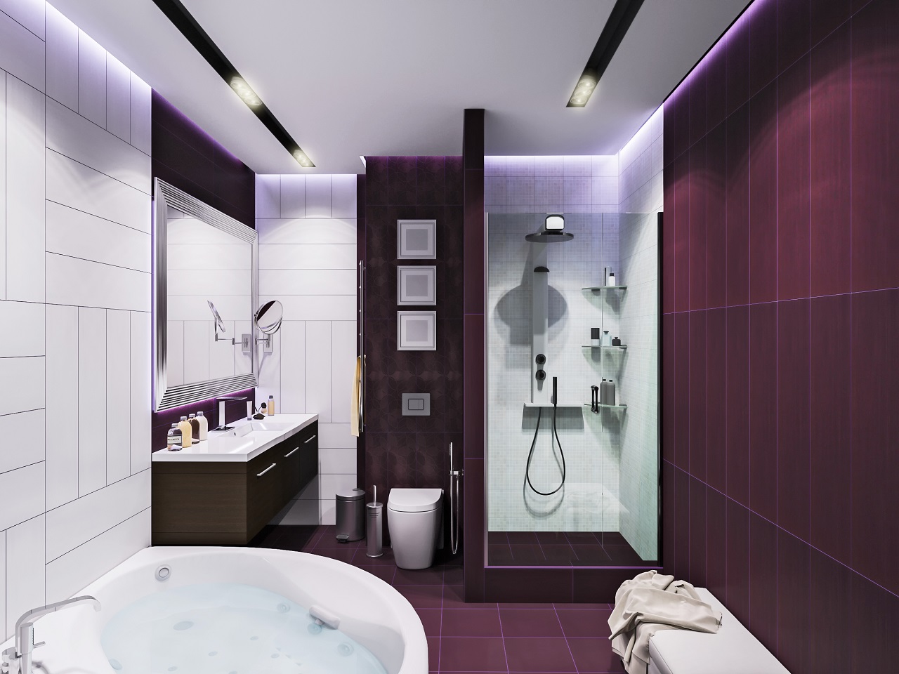 Дизайн ванной комнаты 2017-2018 декор потолка с подсветкой