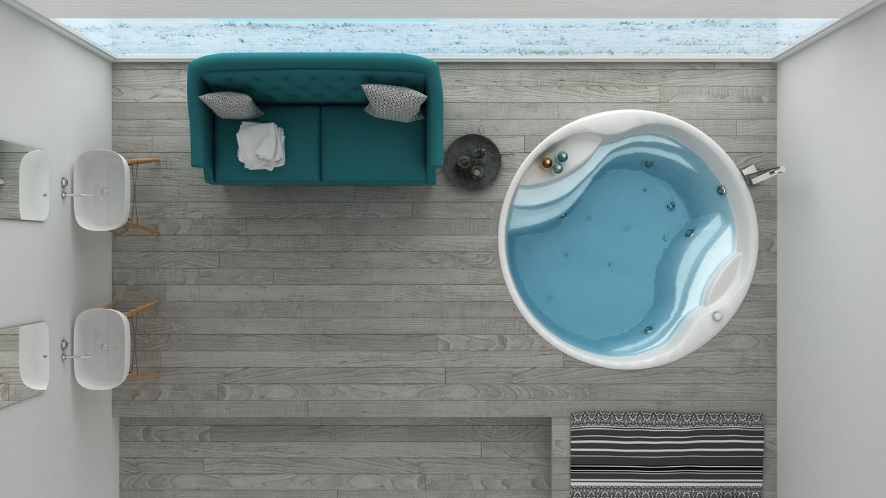 ​Ванная комната с бирюзовым цветом в качестве акцентного – фото интерьера санузла в светлых тонах с зоной отдыха​