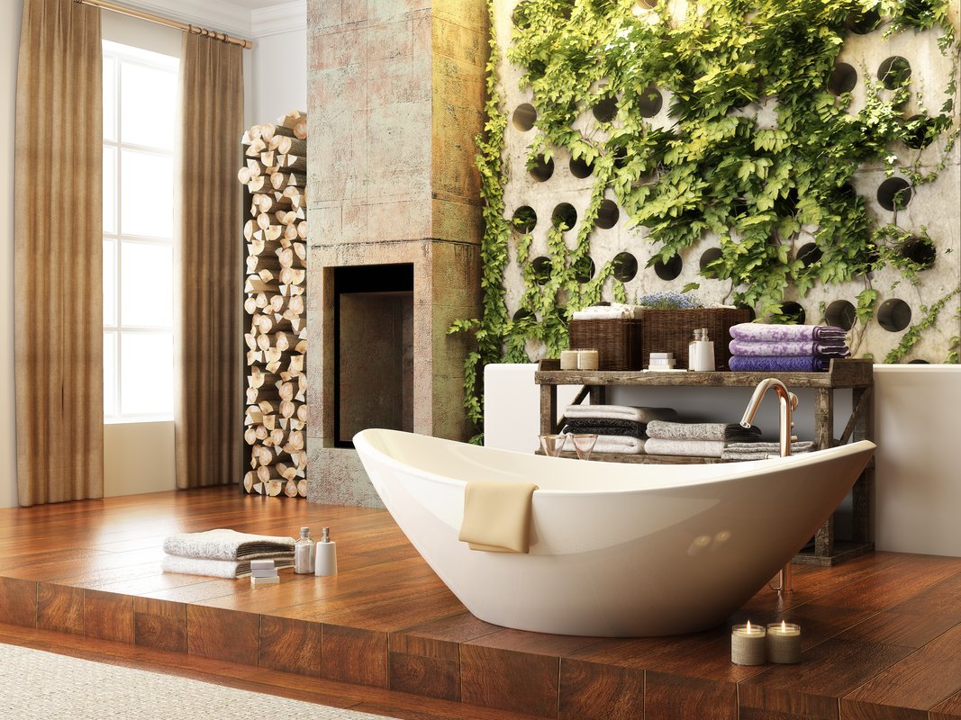 Ванная комната в эко-стиле с зеленой стеной