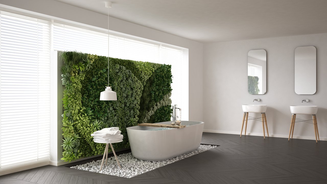 Ванная комната в эко-стиле с галькой и зеленью
