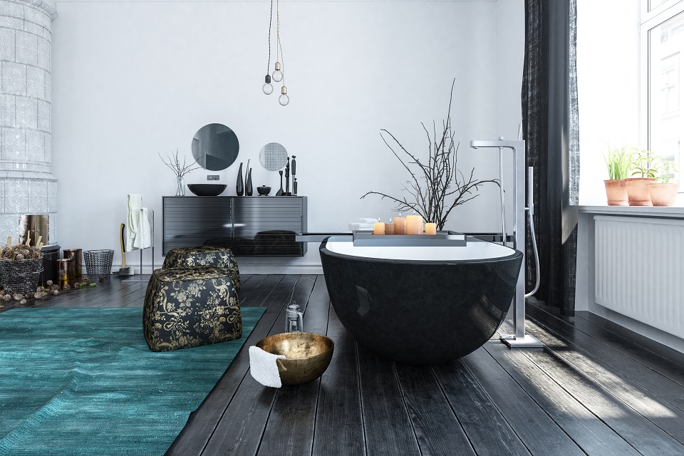 Бирюзовый в ванной комнате – фото дизайна современного интерьера с восточными мотивами и черно-белой отделкой